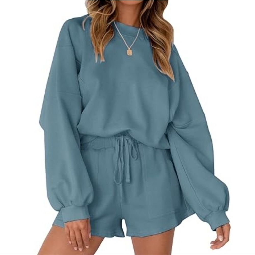Merokeety Women's Teal Long Sleeve Pullover Top and Shorts Lounge 2-Piece Set